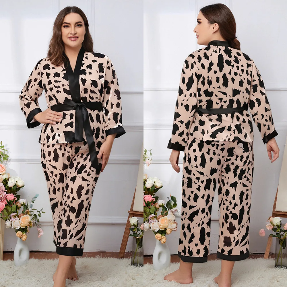 Plus Size Female Pjs Sleepwear 2PCS Cardigan&Pants Suit Women Flower Print Loungewear Pijamas Loose Silky Home Clothes Pyjamas