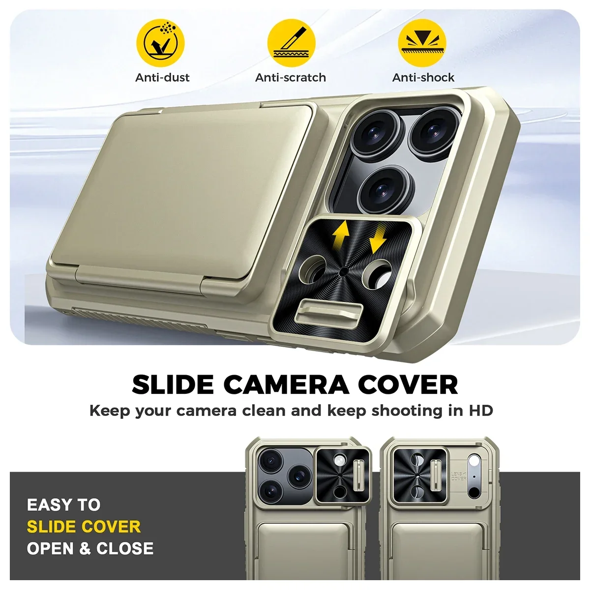 Titanium Rugged Wallet Phone Case with Card Slot & Slide Camera Protection, Anti-Fingerprint