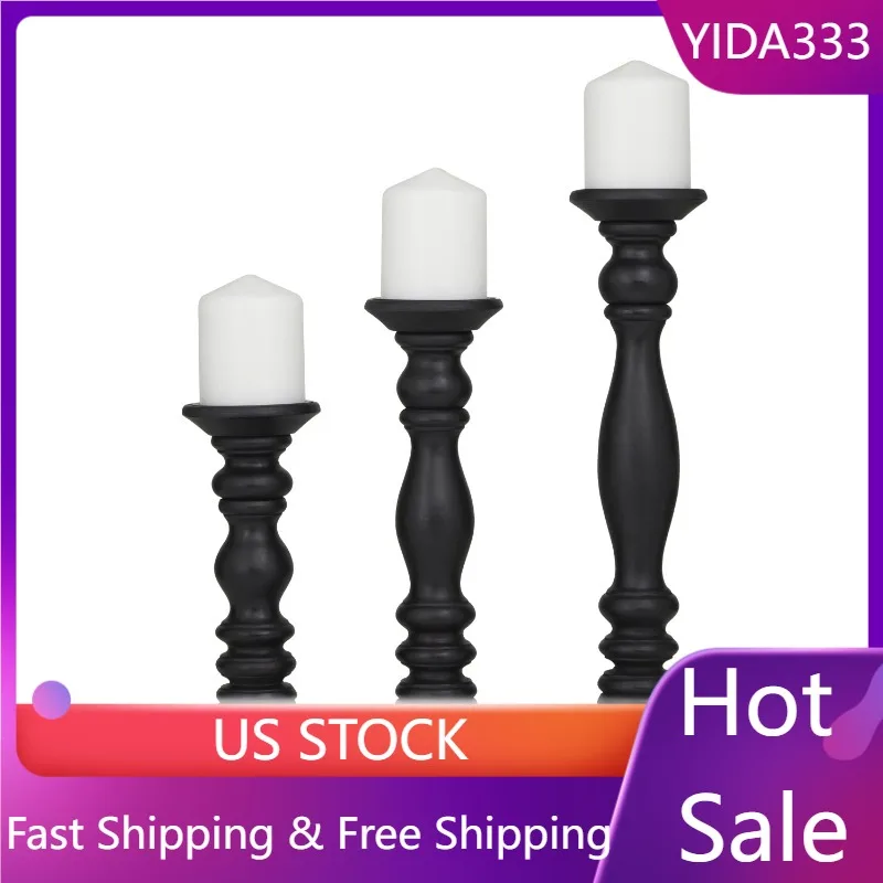 

DecMode 3 Candle Black Wood Turned Style Pillar Candle Holder, Set of 3