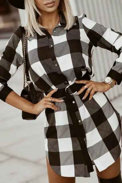 Hotian Women Plaid Shirt Dress with Belt Button Through Checkered