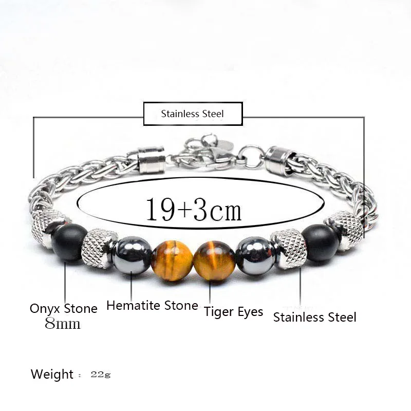 Stainless Steel Cuban Chain Bracelet for Men with Tiger Eyes Stone