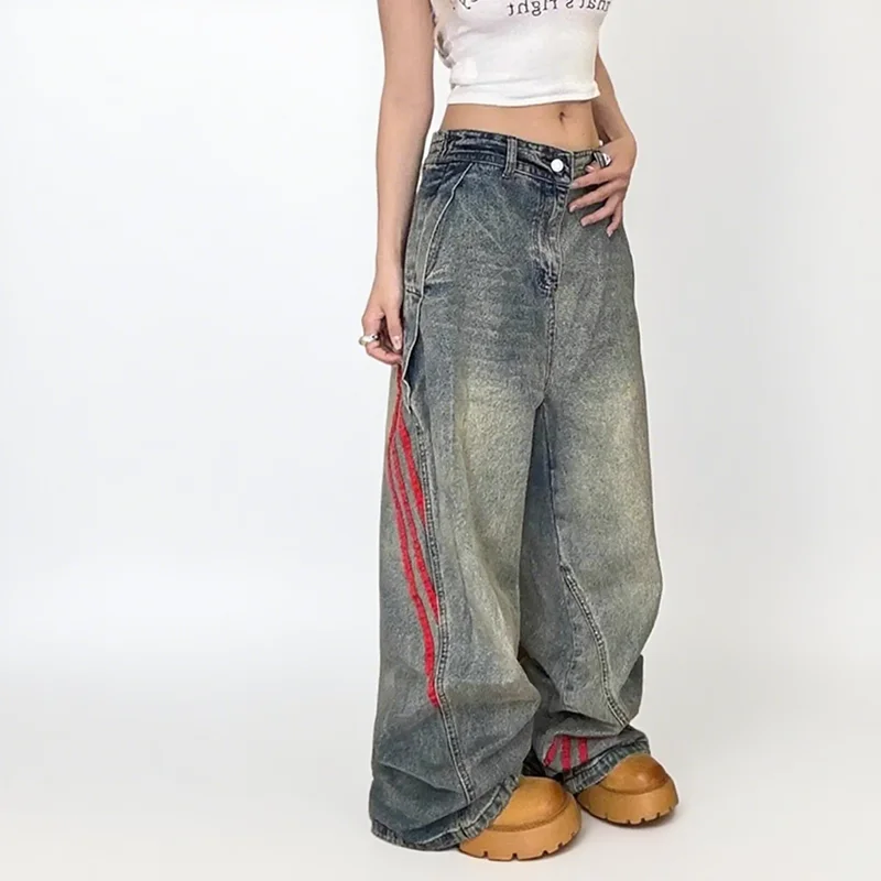 Korean Fashion Women's Side Stripe Wide Leg Jeans