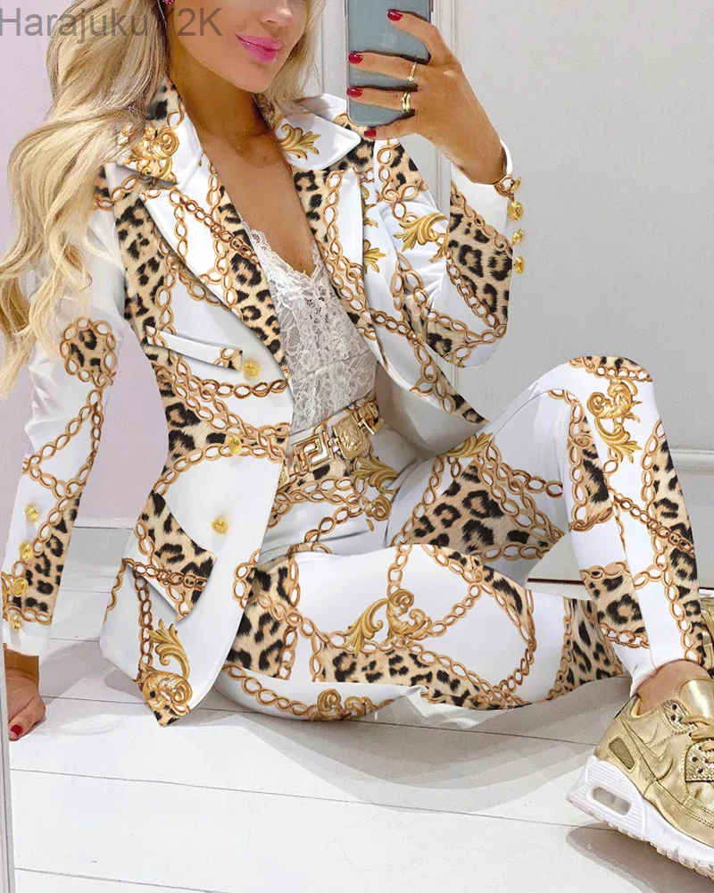 2023 Femme Formal Jacket & Trousers Office Lady Outfits Autumn Women two Pieces set Chain Print Blazer Coat & Pants Suit Sets