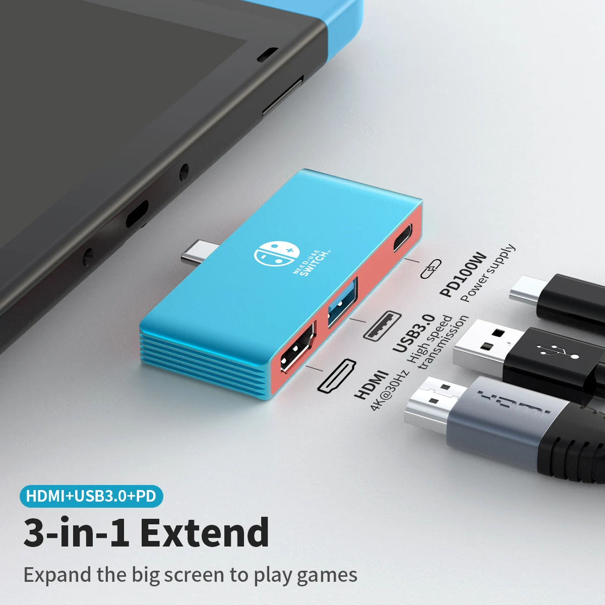 Game Dock Adapter Game Hub 3 in1 Docking Station with HDMI 4K@30Hz USB3.0 High-speed Transmission PD 100W Charging for Nintendo Switch/Nintendo Switch OLED