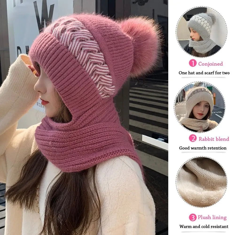 Winter Windproof Integrated Cap Scarf Knitted Thickening Ear Protection Cap Soft Warm Beanie Hat Scarf Women