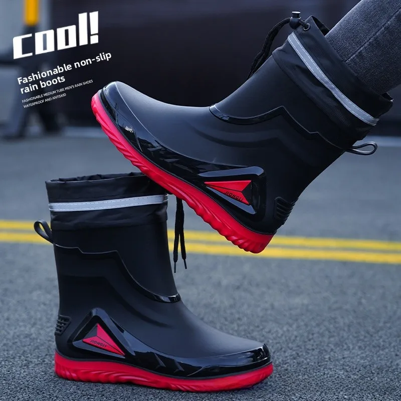 Bottes mi-mollet style coréen doublées polaire antidérapantes pour pêche et travail extérieur hommes