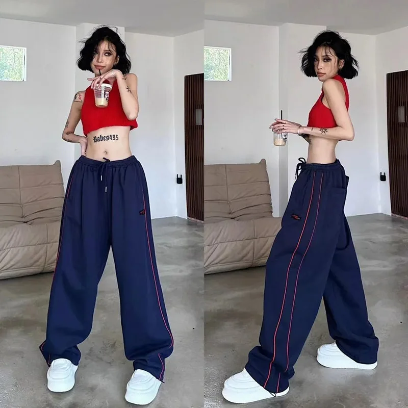 

Hip Hop Splicing Side Fringe Y2k Baggy Pants Women America Style Streetwear Navy Blue Trousers High Waist Drawstring StreetPants