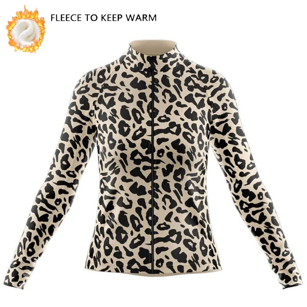 Woman's Winter Cycling Jersey Winter Outdoor Road Bike Riding Warm Cycling Tops Leopard Print Fashion Long Sleeve Sportwear