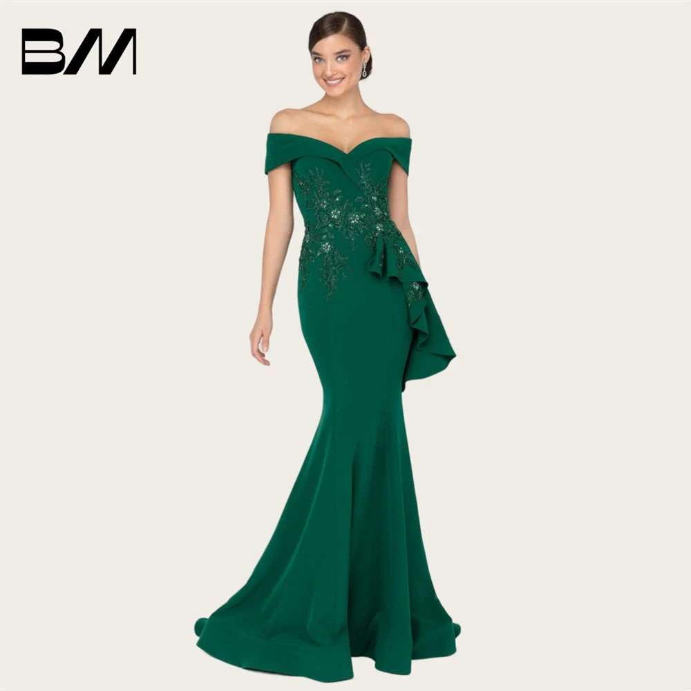 

Emerald Satni Mother Of The Bride Dress Wedding Party Gown For Bridal Mom Off Shoulder Party Gown With Beaded Lace Appliques