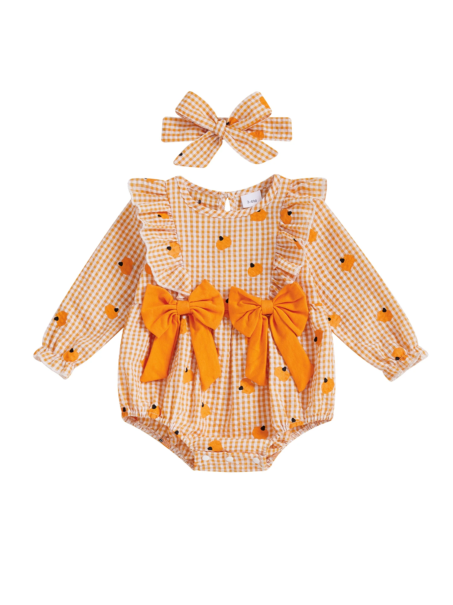 Adorable Baby Girl Halloween Plaid Pumpkin Romper Outfit