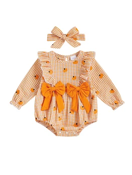 Adorable Baby Girl Halloween Plaid Pumpkin Romper Outfit