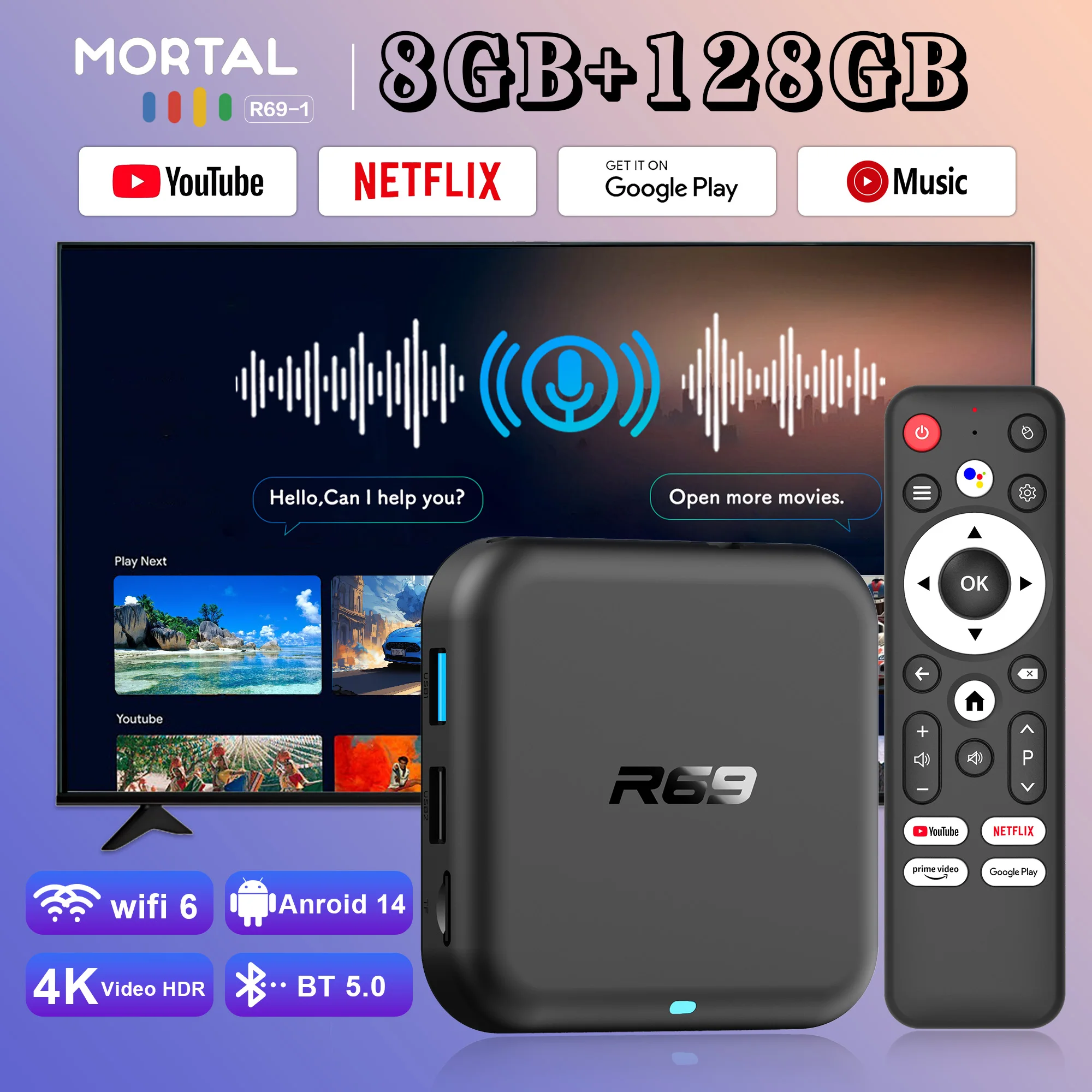 2025 신형 글로벌 안드로이드 14.0 TV 박스 R69-1 4K 지원 RK3518 블루투스 5.0 WIFI 6 RAM 8GB ROM 128GB 다국어 스마트 TV 박스