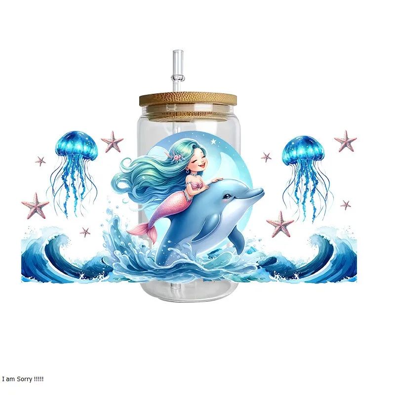Mermaid series easy peel waterproof DIY Decals Retro Beauty 3D transfers uvdtf crystal sticker 16oz uv dtf cup wraps