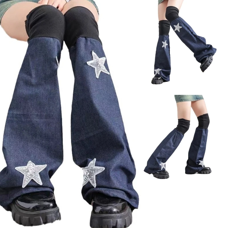 

Girls Punk Denims Leg Warmers Y2K Star Jean Flared Leg Sleeves Goth Baggy Cuffs Ankle Heap Socks JK Middle Tube Socks 37JB