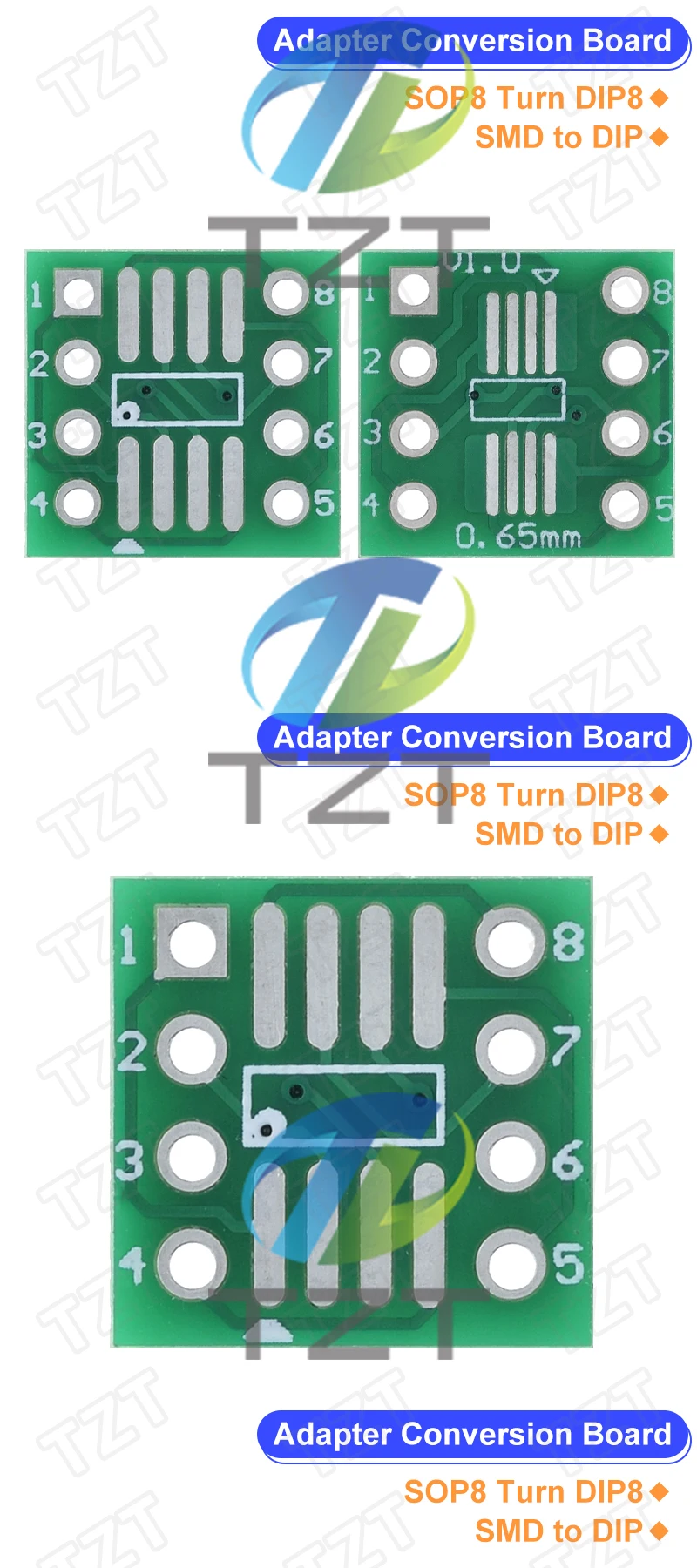 10/50 Stück SOP8 zu DIP8 Adapter, SMD zu DIP Adapterbuchse, SOP8/TSSOP8/SOIC8/SSOP8 Board zu DIP Adapter Konverterplatte 0,65mm 1,27mm – Detail 2