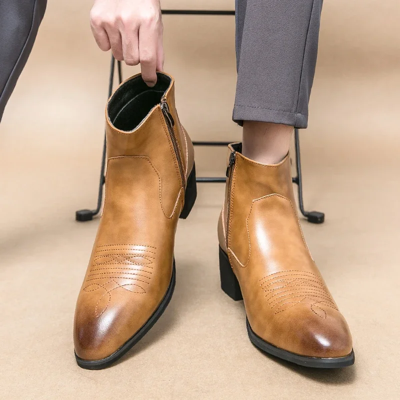 Men Western Boots Cowboy Zipper Ankle Boots Business Handmade Size 38-46 men western boots