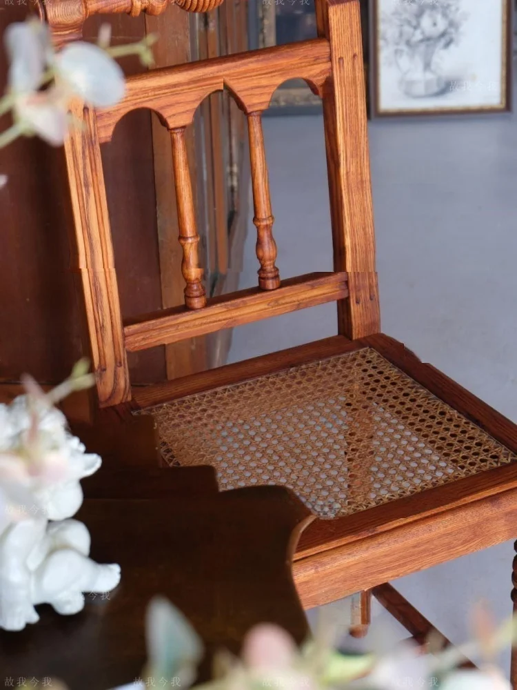 Shenguang series Roman chair retro solid wood chair dining real rattan pure handmade rattan 8