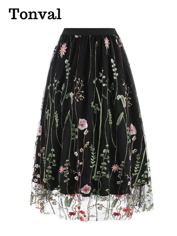 

Tonval Floral Embroidered Mesh Overlay Lined Long Skirt Elastic Waist Women Elegant Festival Outfit Summer Vintage Skirts