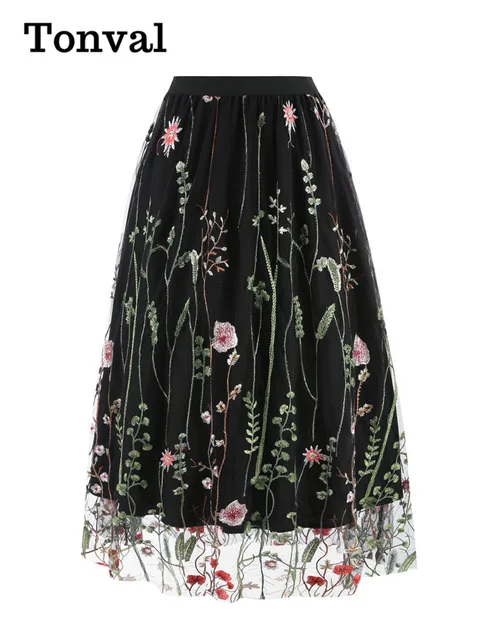 Tonval Floral Embroidered Mesh Overlay Lined Long Skirt Elastic Waist Women Elegant Festival Outfit Summer Vintage Skirts 1