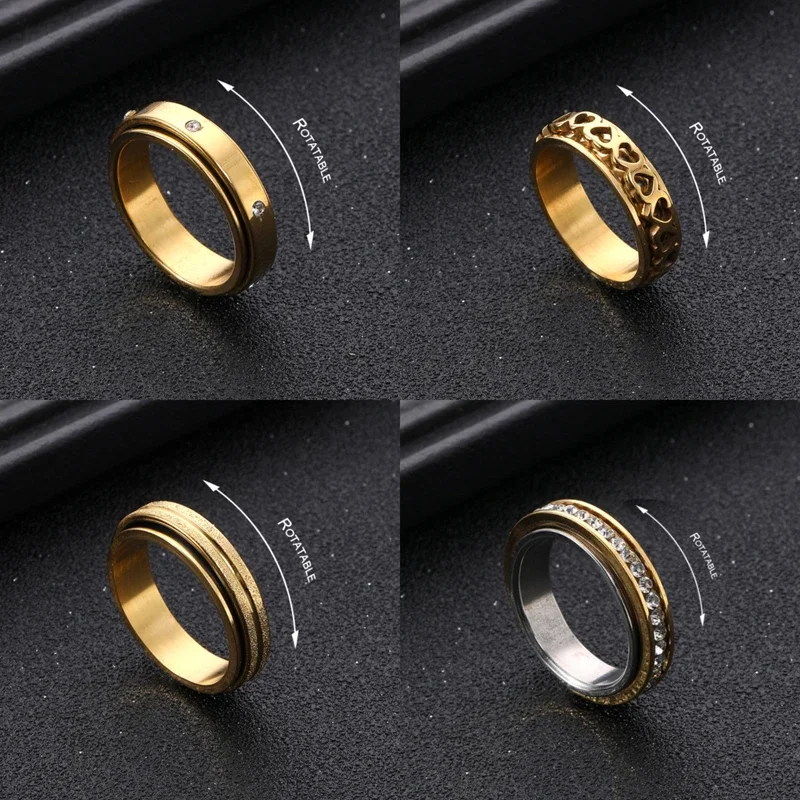 Couple rings Anti Stress Anxiety Fidget Spinner Heart Rotating Stainless Steel Wedding Band Knuckle Ring Jewelry Gift