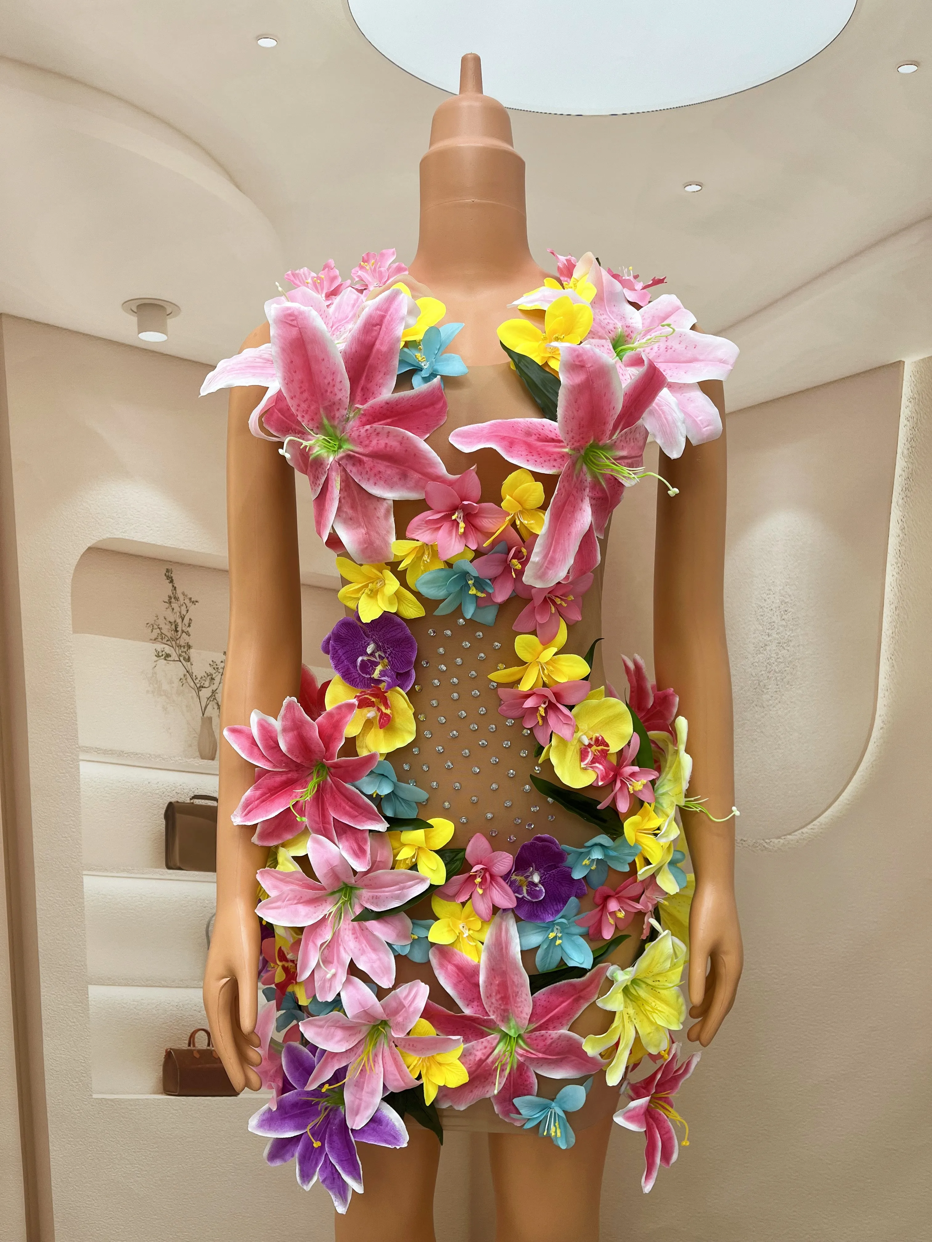 Colorful Flowers Rhinestones Sexy Mesh Dress Wedding Birthday Celebrate Sleeveless Singer Dancer See Through Outfit huaduo