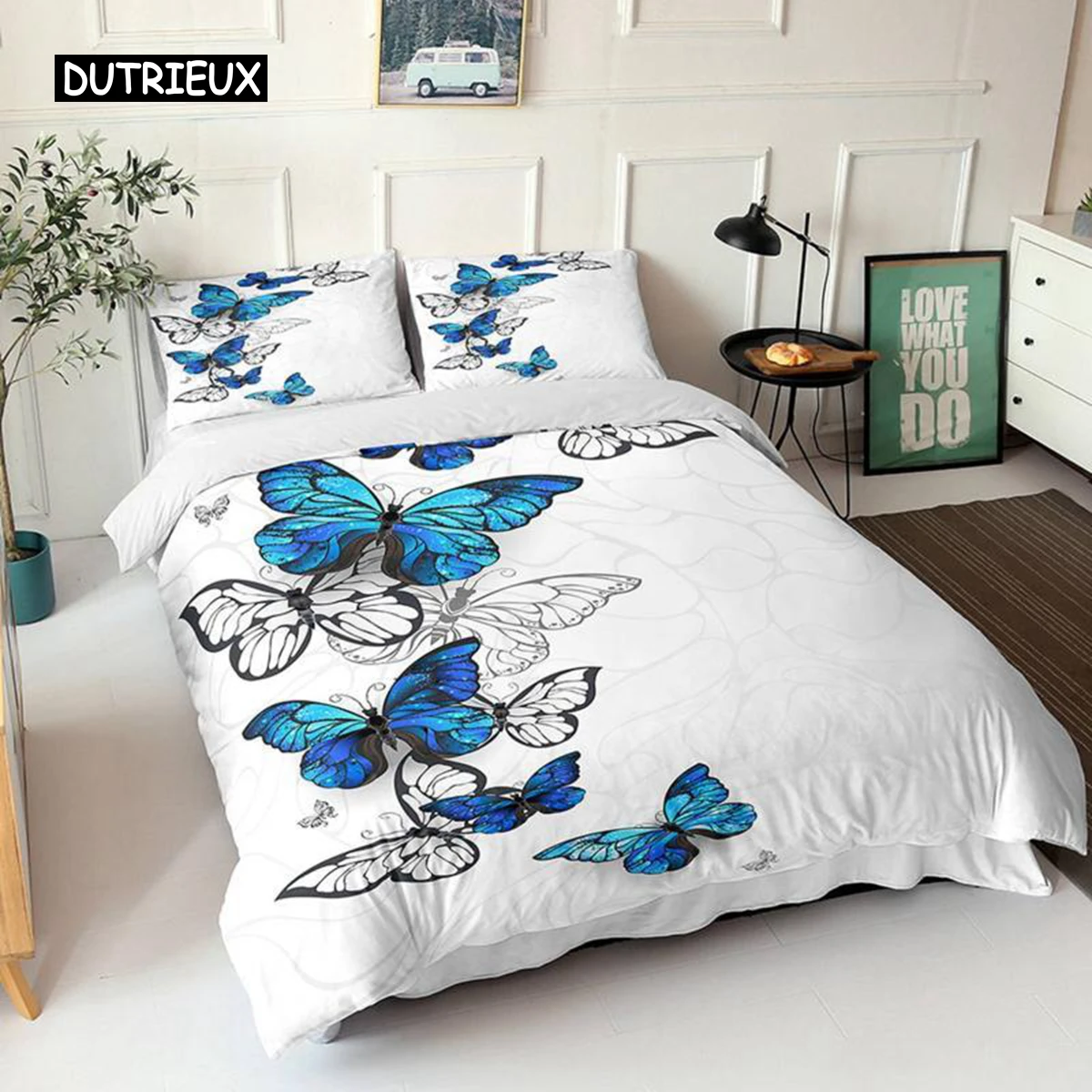 

Butterfly Duvet Cover Set Queen Size Blue White Butterflies Printed Comforter Cover for Girls Kids Teens Microfiber Quilt Cover