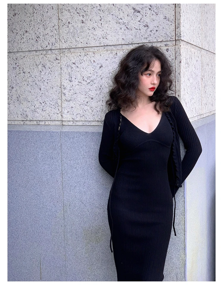 Vintage Chic Knitted 2-piece Dress Set Women Crop Cardigan V-neck Spaghetti Strap Bodycon Midi Dress Autumn New Female Clothing