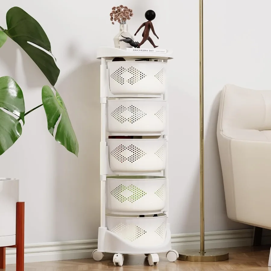 Fruit and Vegetable Basket Bowls for Kitchen with Metal Top Lid 5 Tier Rotating Storage Rack Cart for Potato Onion Bread Banana