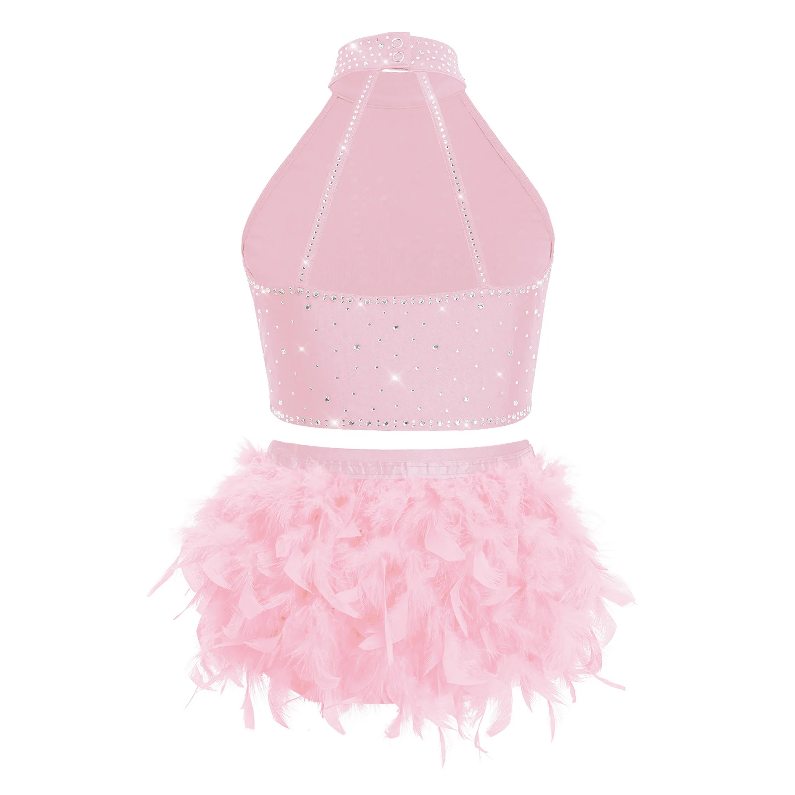 Latein-Tanz-Outfit für Kinder und Mädchen, Neckholder-Crop-Top mit Riemchen am Rücken und elastischem Bund, Quasten-Federrock für Samba, Rumba, Cha-Cha – Detail 16