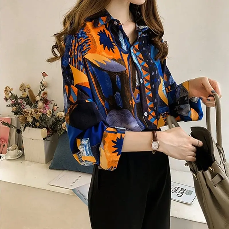 Vintage Printed Lapel Button Loose Korean Shirts Women's Clothing 2023 Autumn Winter Oversized Commuter Tops Casual Blouses