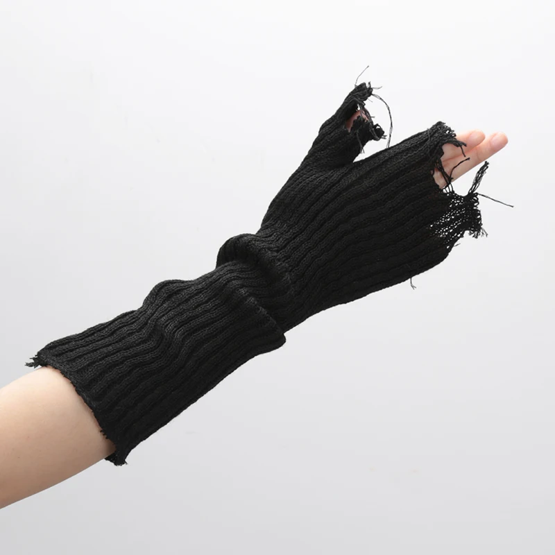 Fingerless gloves Girl Gloves Black Beige Tattered Punk Unisex Fingerless Cuff Knit Glove Women Men Elbow Mittens Broken Arm Warmer Gloves