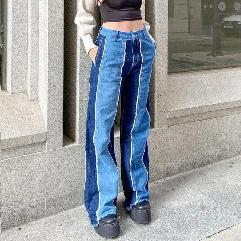 Retro Patchwork Jeans Casual Fringed Straight Jeans Women's Overalls Mom Retro Y2K Trousers Streetwear Blue 90S Boyfriend Jeans