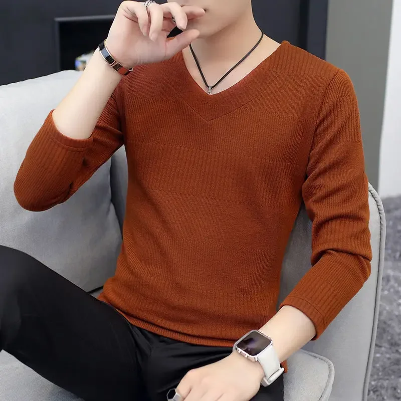 thumbnail image 1 of Sudaderas lisas con cuello en V, capa base unicolor, jerseys para hombre, nuevo diseño coreano Xl, ropa de calle de otoño, camiseta de una pieza para hombre, 1 of 5