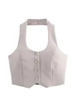 HH Women Fashion Solid Vest Pant Suit Single Breasted Halter Cropped Vests Top High Waist Patchwork Trouser Office Lady Sets - Image 4
