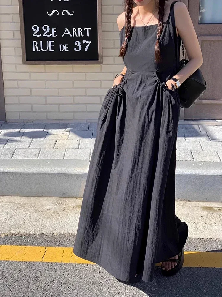 

Korean Fashion Women Large Pocket Camisole Long Dresses Summer New High Waisted Slim Fit Pleated Lace Up Women's Camisole Dress