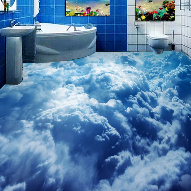 Custom Self-adhesive Floor Mural Modern Blue Sky Clouds 3D Wallpaper Living Room Bedroom Bathroom PVC Creative Home Decor Murals