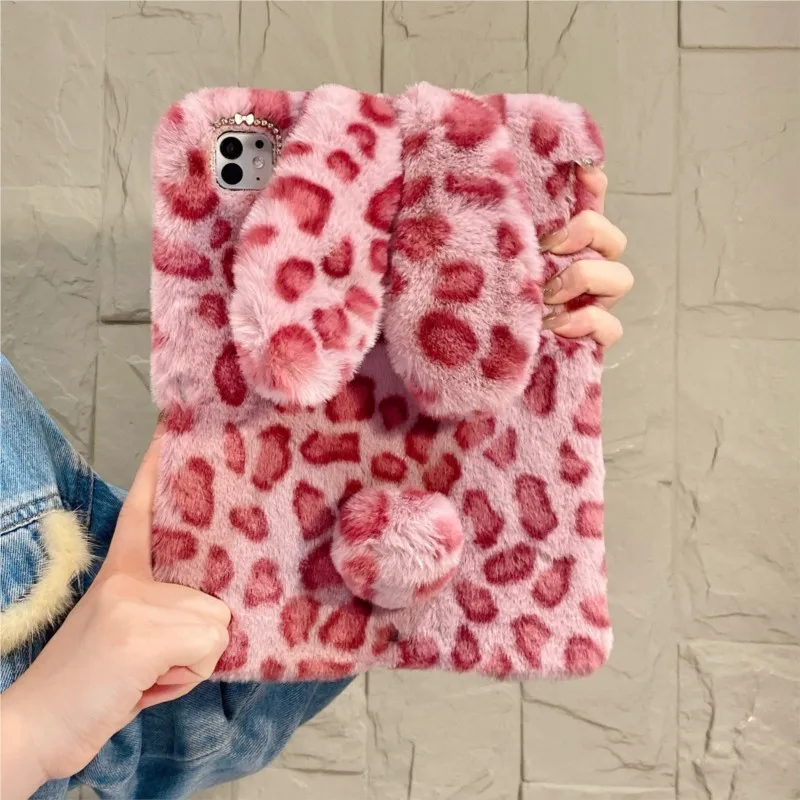 Adorable Fluffy Leopard Bunny Tablet Case with Pen Holder Cover