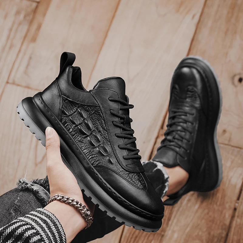 Men Faux Cowhide Crocodile Print Sneakers Casual Leather Shoes Men's Versatile Thick Soled Wear Resistant Shoes Men's Work shoes 4