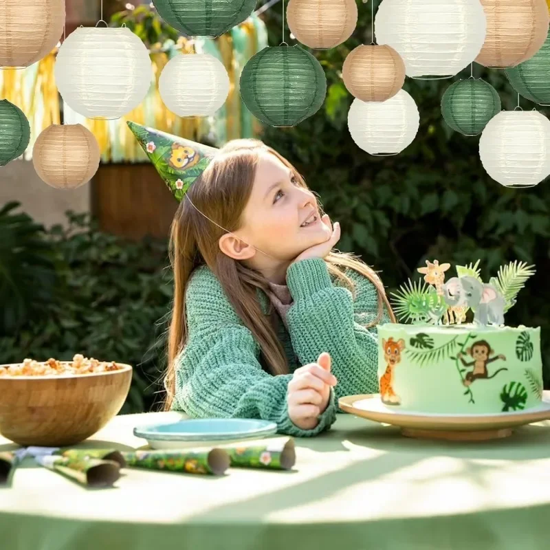 Lanternes En Papier Suspendues Chinoises Et Japonaises, 6 Pièces, Vert Sauge, Marron, Pour Décor De Fête D'anniversaire, De Mariage, D'été, Style Boho Vert