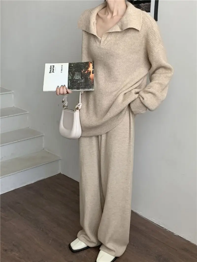 Conjunto de dos piezas de punto para mujer, jersey de solapa, pantalones largos, moda coreana, ropa informal para mujer, prendas de punto nuevas