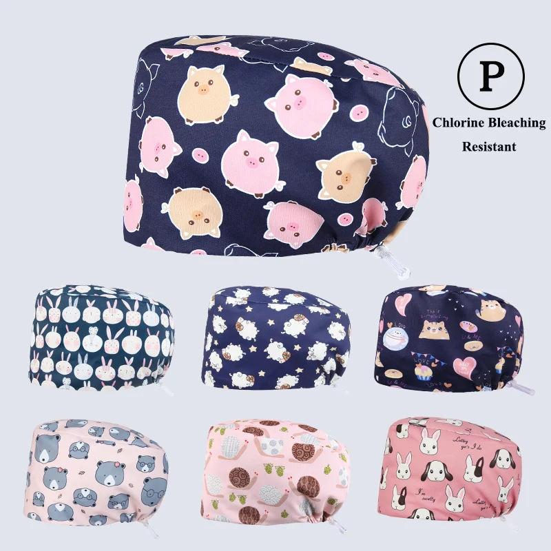 Scrub Caps Women Men - Charming Cartoon Pink Cute Pig Waterproof Working Cap Hats Surgical With Sweatband Soft Comfy Adjustable Nurse