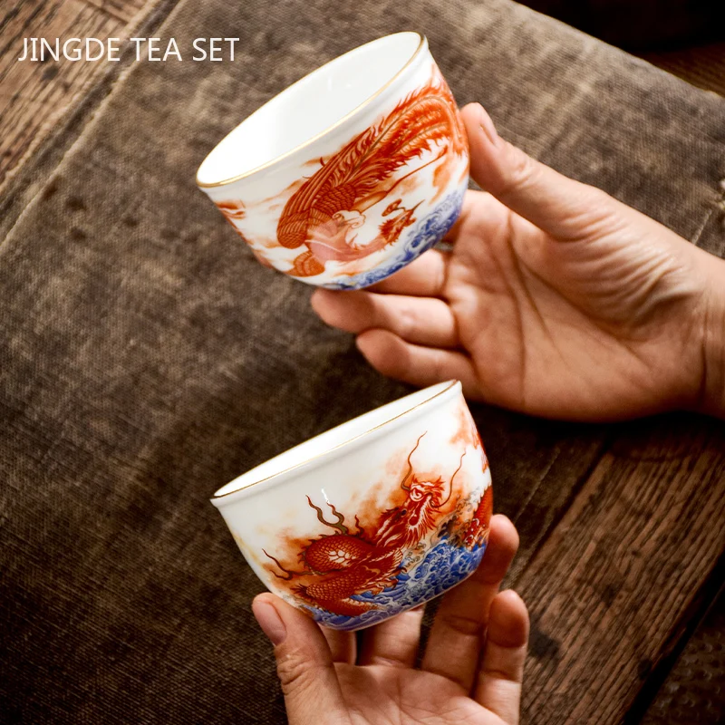 2Pcs High Quality Ceramic Teacup Enamel Color Dragon and Phoenix Pattern Tea Cup Boutique Individual Single Cup Tea Set Supplies
