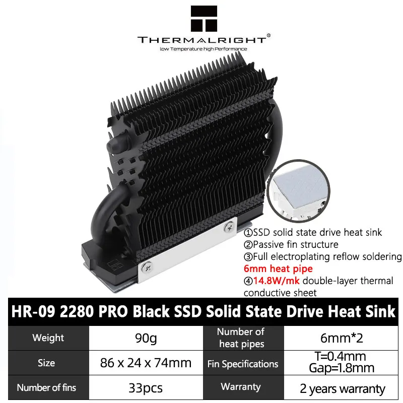 

Thermalright HR-09 2280 PRO Black M.2 твердотельный накопитель AGHP, тепловая труба, радиатор SSD, охладитель, полностью гальванизированный