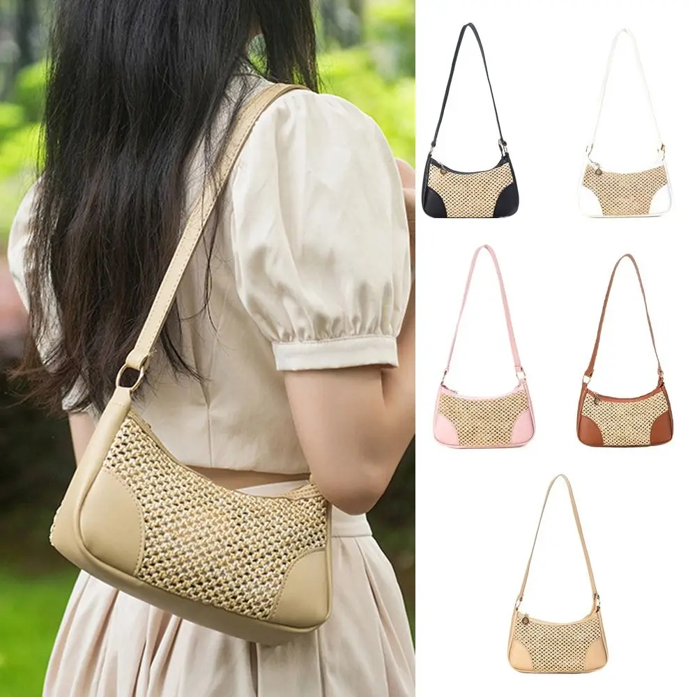 

Hollow Straw Woven Underarm Bag Patchwork Large Capacity Dumpling Shoulder Bag Korean Style PU Leather Weave Hollow Handbag