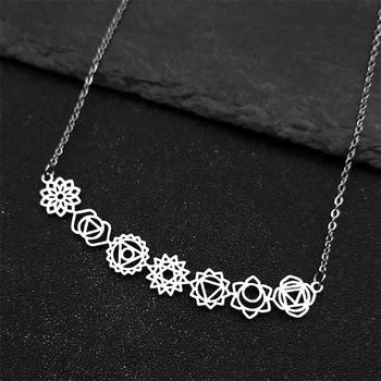 Yoga 7 Chakra Pendant Necklace For Women Girls Stainless Steel Silver Color Hollow Healing Spirit Chain Amulet Jewelry Gifts