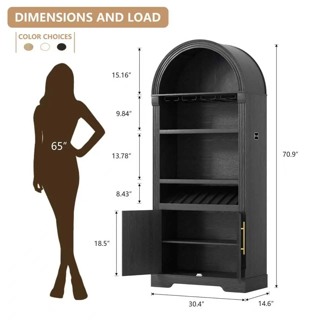 71" Black Arched Fluted Coffee Bar Cabinet LED Light Wine Rack Liquor Storage, Custom image 2