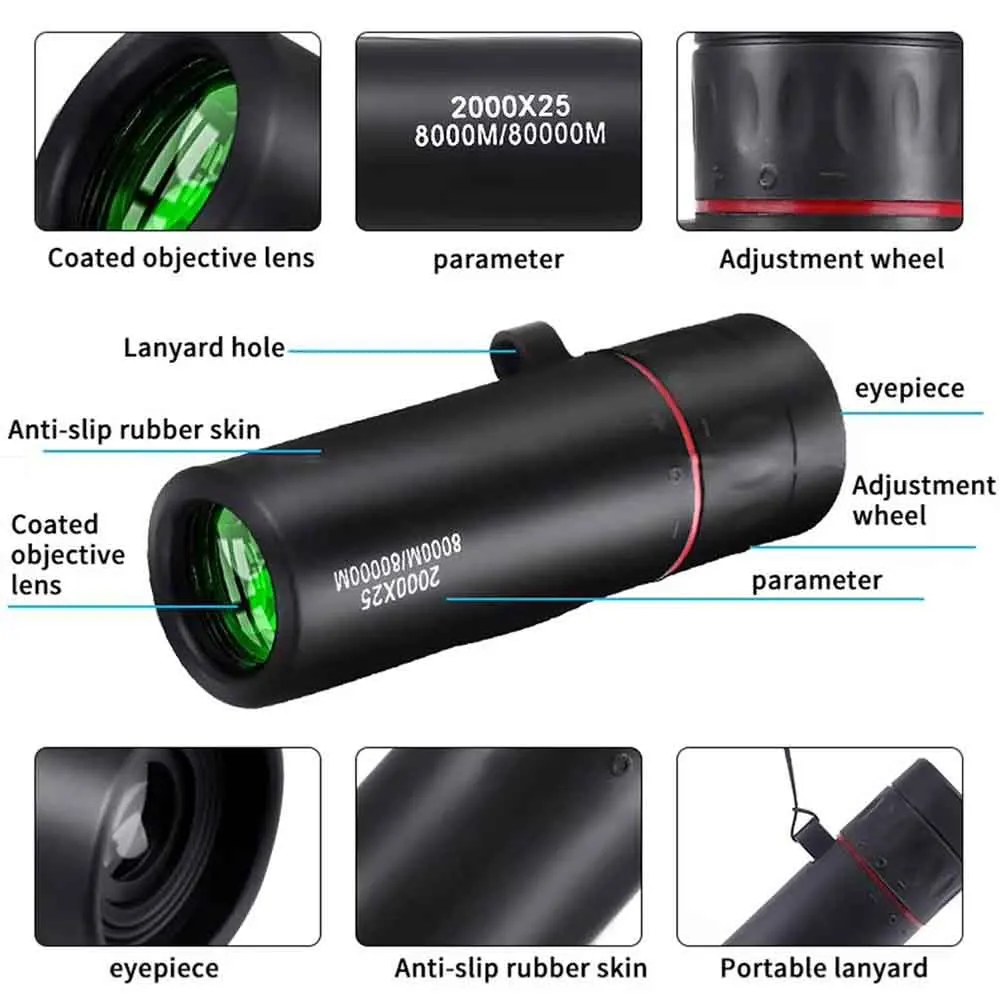 2000X25 HD Monocular Telescope Compact Portable For Travel Hiking Fishing Camping Stargazing Concerts Bird Watching Phone Holder