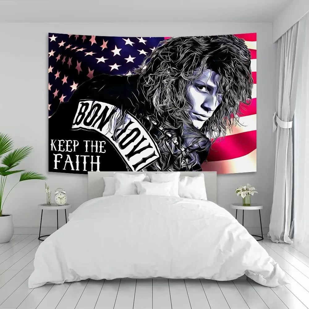 

Гобелен или баннер с американской группой Bon-Jovi, украшенный богемным психоделическим общежитием, хиппи, рок, головные уборы, декоративные