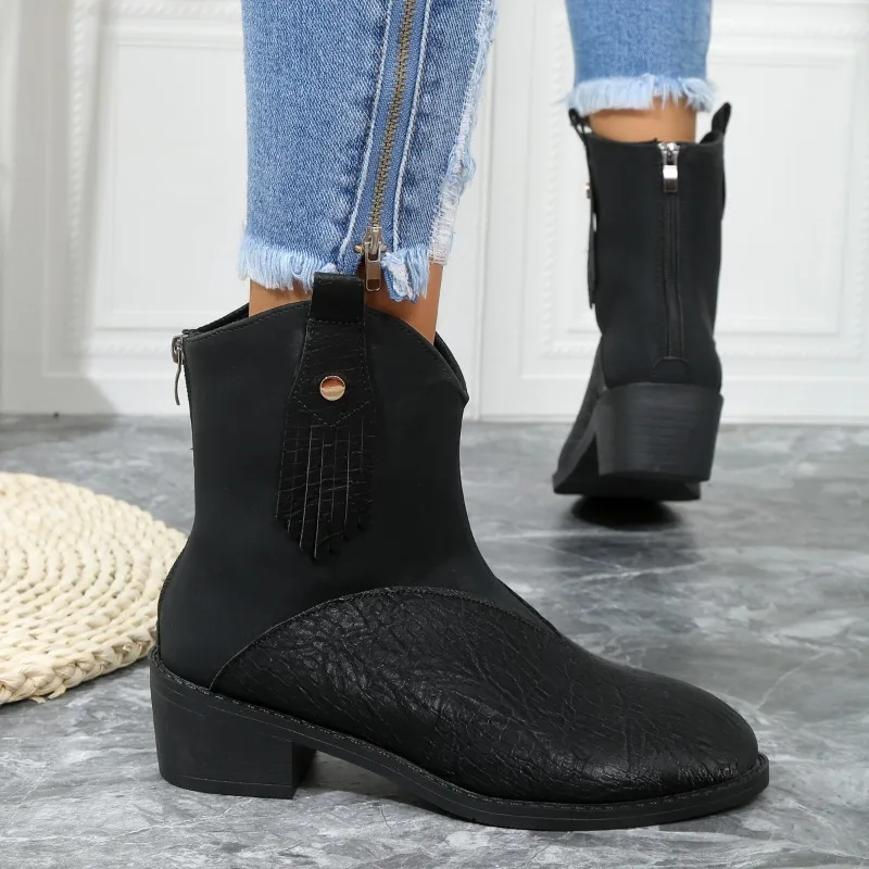 

Женские ботинки до середины икры, современные лаконичные ботинки с прострочкой сзади, на молнии, с острым носком, обувь на квадратном каблуке, новинка 2023