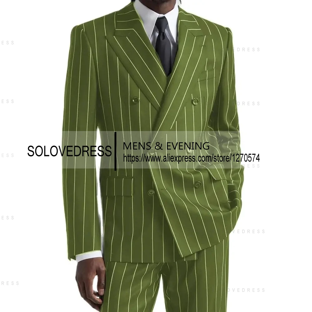 Peak Lapel 2-piece Vertical Striped Double Breasted Slim Fit Men's Suits For Business Or Wedding （Blazer+Pants）